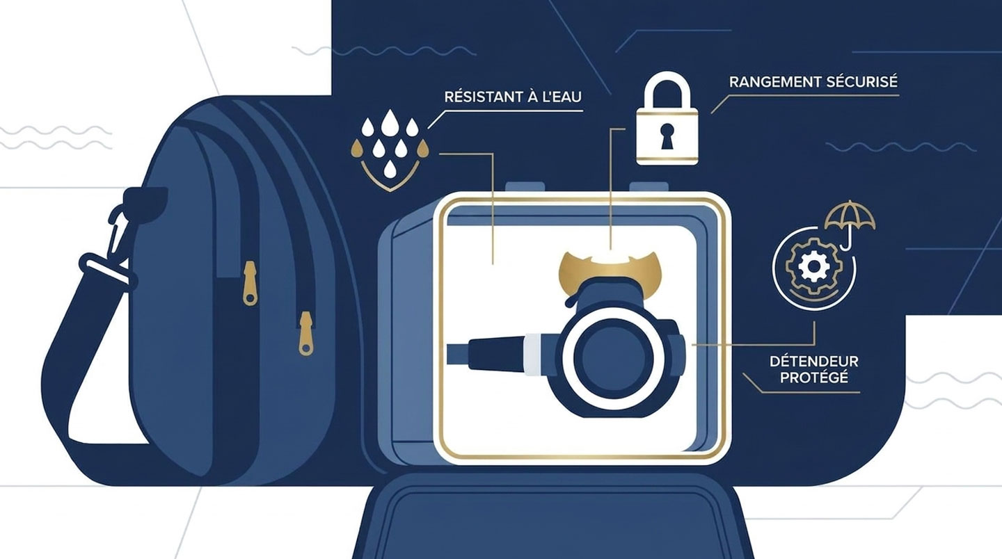 Detendeur protégé dans son compartiment de sac de plongée, illustration du stockage optimal