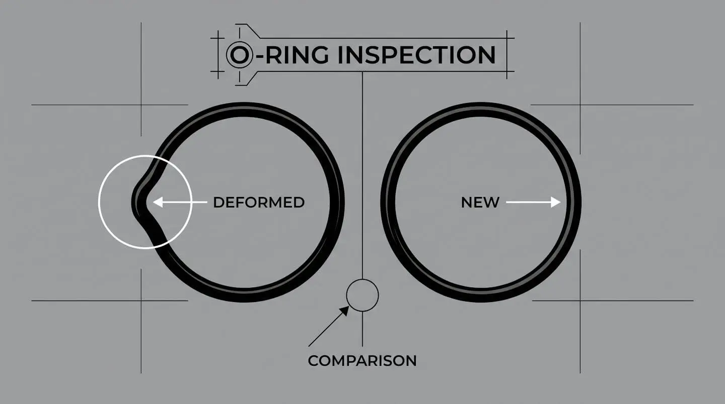 Comparaison visuelle entre un joint torique usé et un joint neuf, illustrant les signes d'inspection