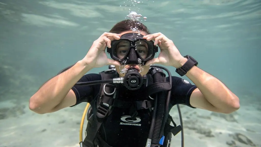 Plongeur effectuant un exercice de vidage de masque sous l'eau lors d'une séance de formation en plongée